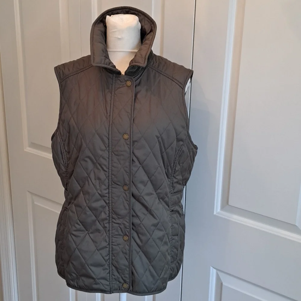 L.L.Bean Womens Classic Preppy Quilted Olive Green Field/Utility Vest Zip/Snap M